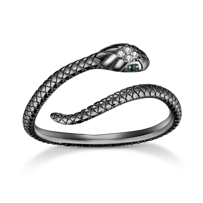 YASMINA 925 Sterling Silver Platinum Plated Adjustable Ring, Green Zircon Retro Textures Snake Ring Fashion Jewelry 4 Colors